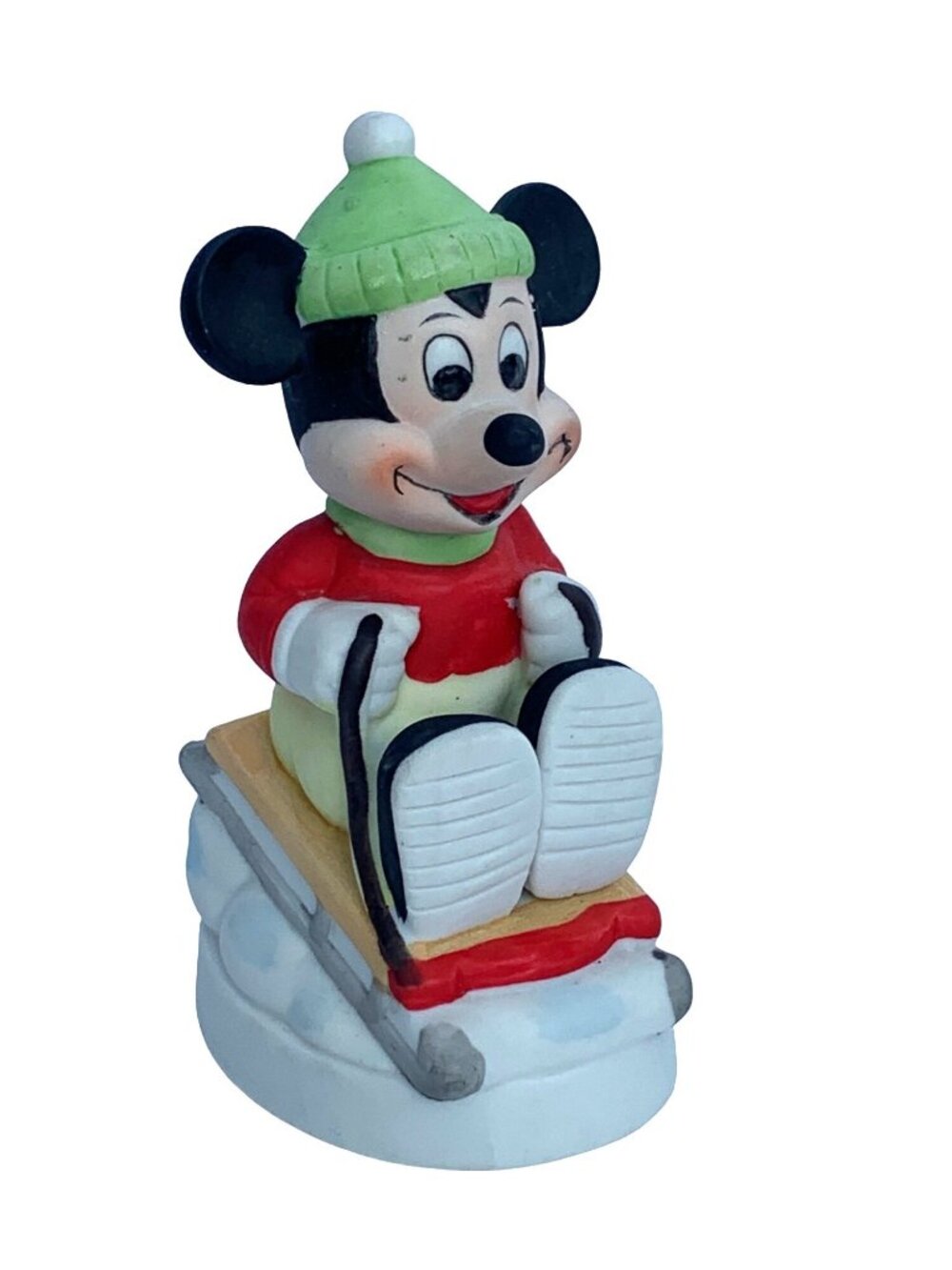 Walt Disney Productions Mickey Mouse Snow Sled 4" Porcelain Figurine Vtg